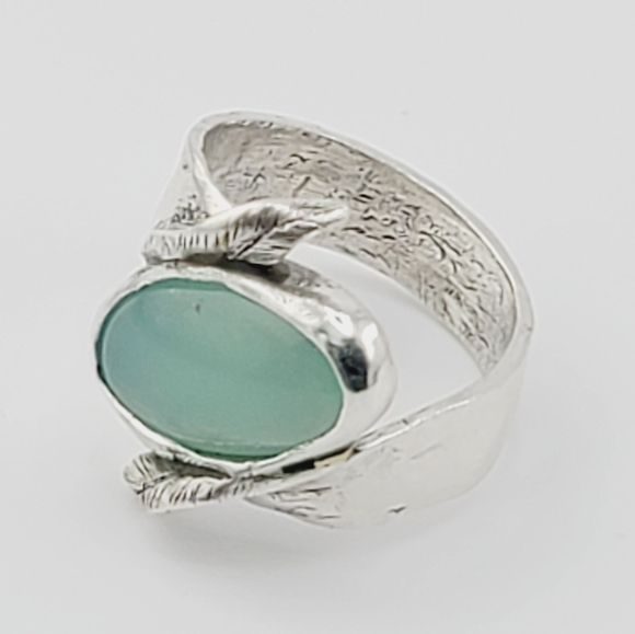 PREHNITE W/ ENGRAVED LEAFS RING HANDMADE IN STERLING SILVER METAL SIZE 6 - Picture 2 of 6